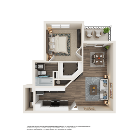 Floor plan for 1 bed, 1 bath, 613 sqft